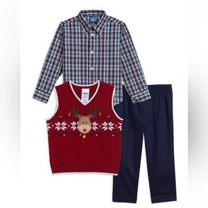 Izod Boys Red Reindeer Sweater Vest Plaid Shirt and Navy Pants 3 Piece Set